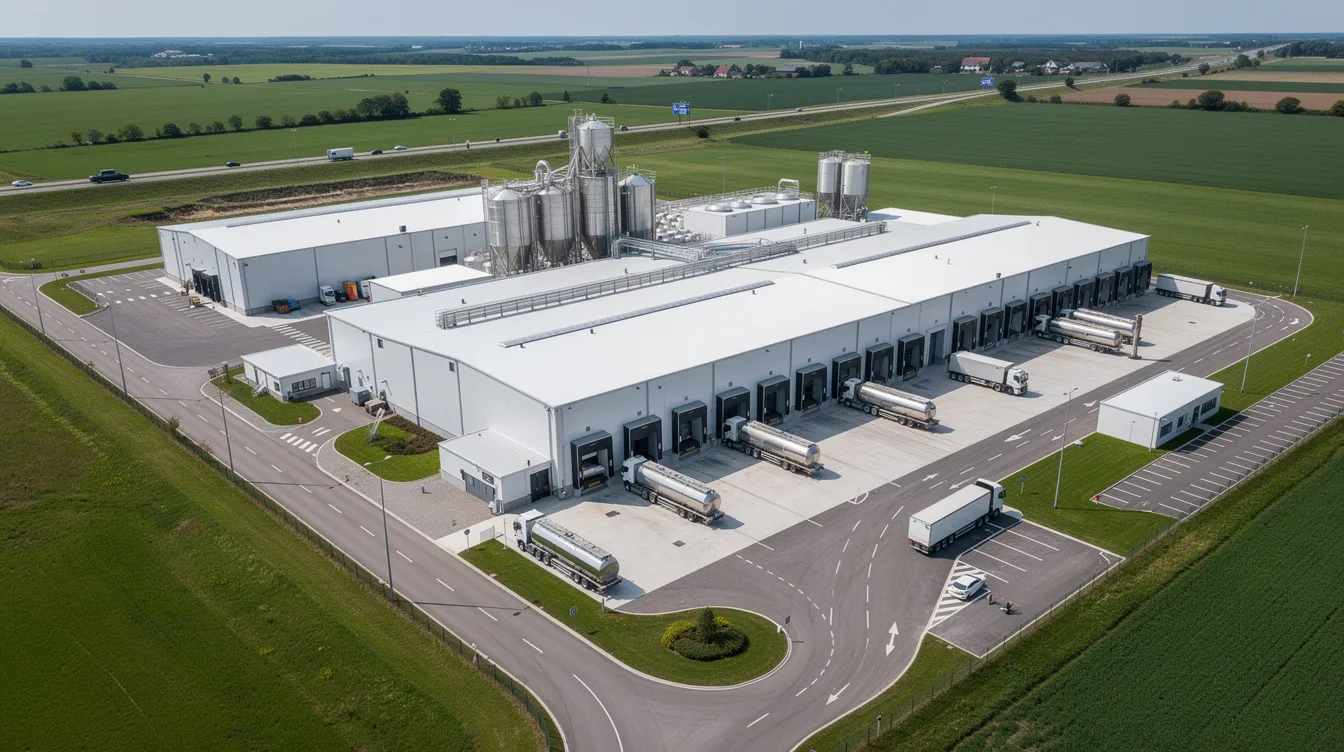 An aerial view of a large modern dairy processing facility showcases multiple warehouse buildings and tanker trucks, emphasizing the efficient milk processing operations within the dairy plant. This setup supports the rising global demand for dairy products, including pasteurized milk and lactose manufacturing, while incorporating advanced waste management systems and quality control measures.