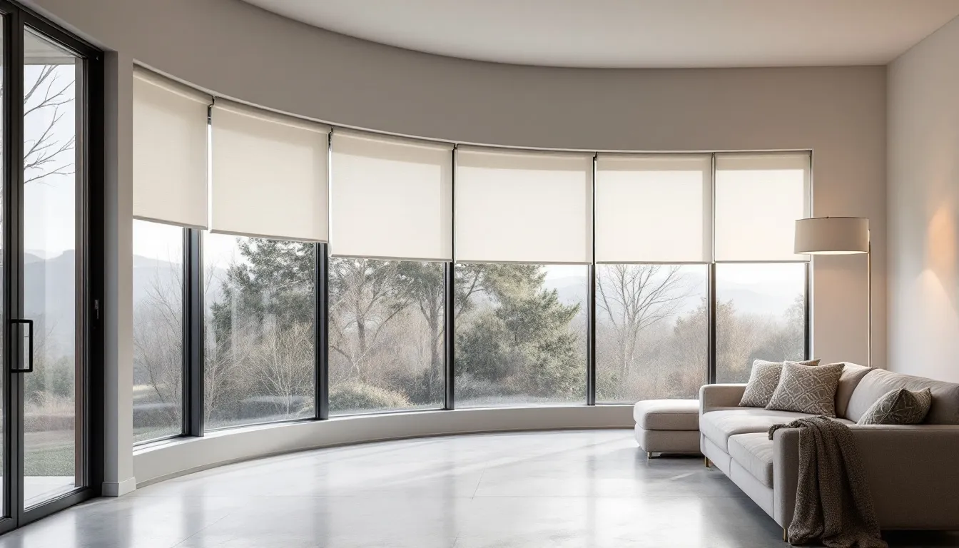 A sleek living space featuring modern window roller shades, showcasing elegance and style.