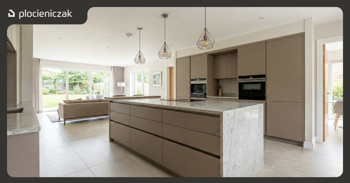 Nowoczesna wyspa kuchenna z poziomymi ryflowanymi frontami w kolorze taupe jako centralny element otwartej kuchni połączonej z salonem
