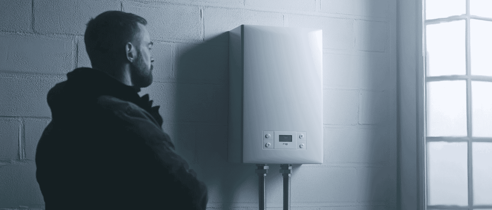 A professional heating engineer inspecting a noisy boiler, showcasing safety equipment.