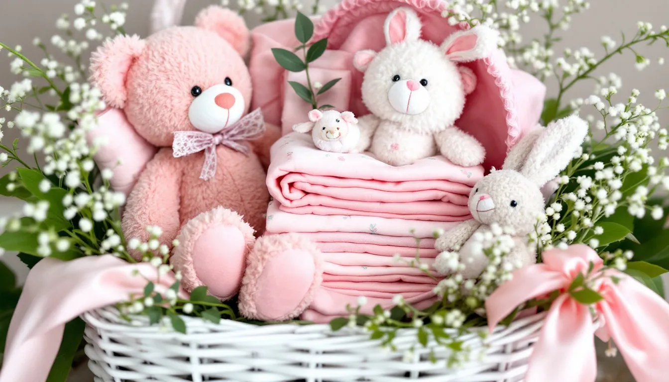 A beautifully presented DIY baby girl gift basket featuring super soft pink onesies, floral baby clothes, and cuddly soft toys, including a pink teddy bear, all arranged in a white woven basket adorned with ribbons and flowers. This thoughtful gift basket is perfect for celebrating new life and welcoming a baby girl.