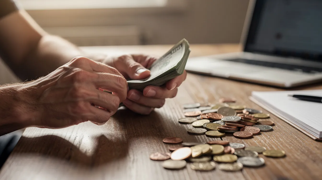 The image shows hands counting various denominations of money and coins on a desk, symbolizing financial transactions and budgeting, relevant to concepts like "免 入 息" and "貸款 計劃." This scene captures the importance of managing finances effectively.