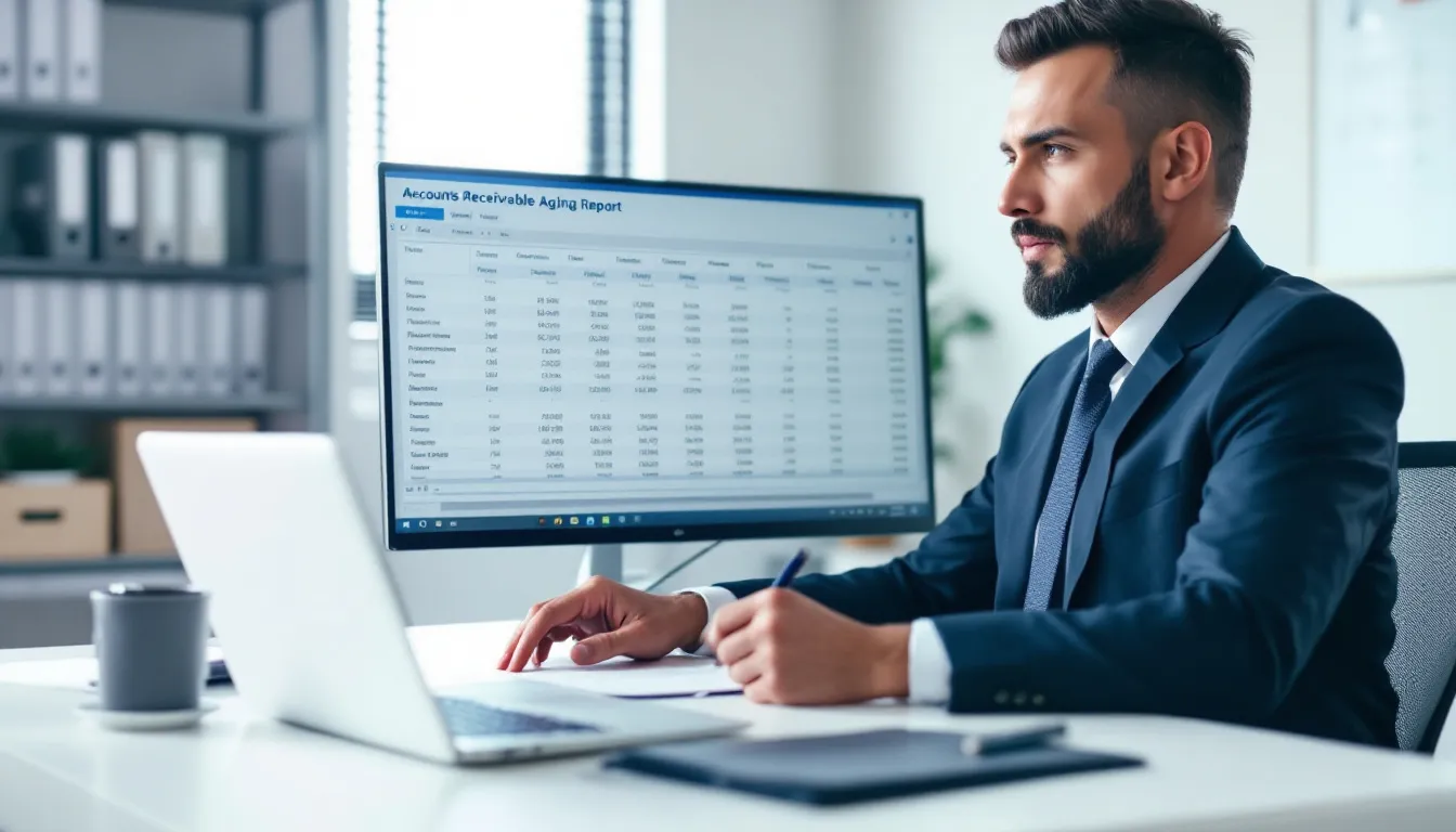 A small business owner is focused on reviewing an accounts receivable aging report displayed on their computer screen, analyzing financial data to manage cash flow and track business transactions effectively. This process is essential for maintaining accurate financial records and ensuring the business's financial health.