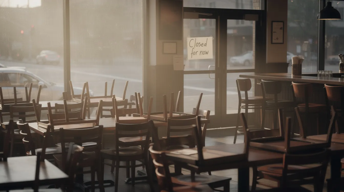 The image depicts an empty restaurant with stacked chairs, highlighting the impact of the pandemic on business operations. This scene reflects the partial suspension of activities due to government orders, emphasizing the challenges many businesses face during this time.