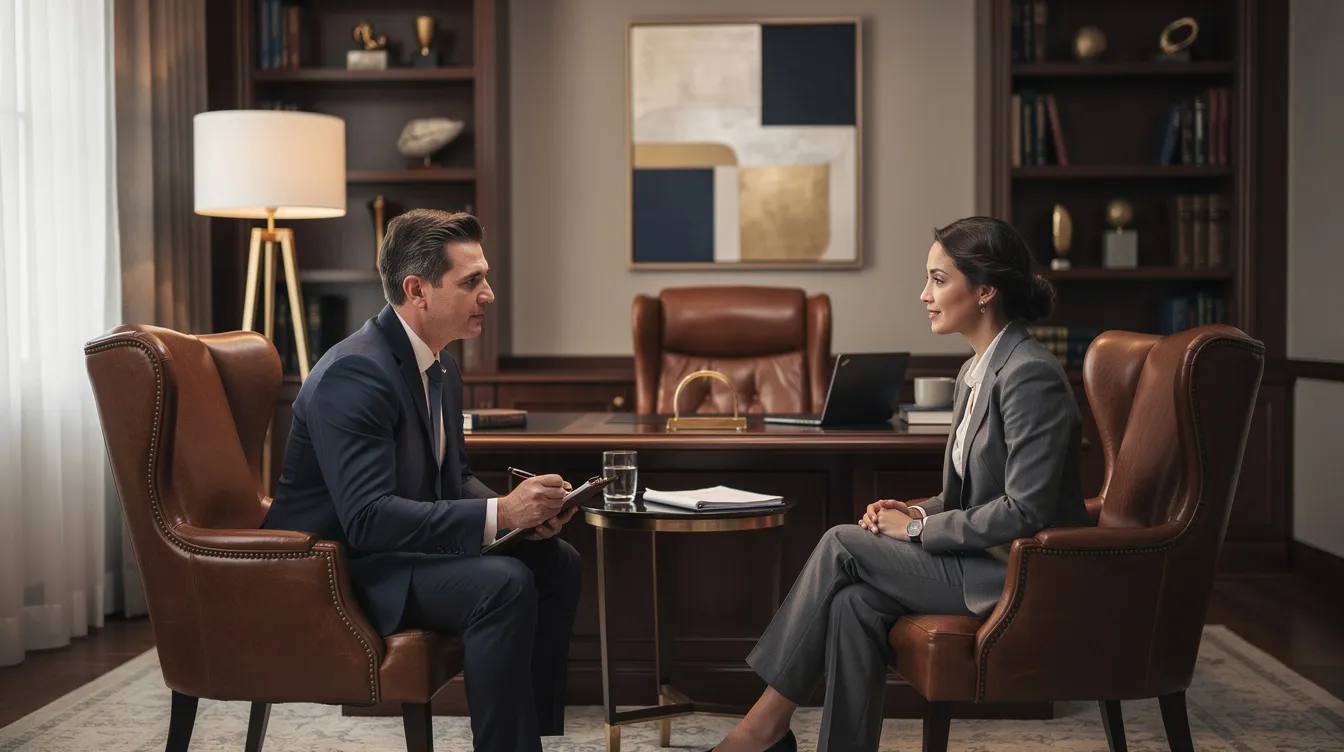 The image depicts a professional business consultation taking place in an elegant private office, featuring luxurious leather chairs. The setting suggests a focus on strategic discussions, possibly involving fee structures and agreements related to elite escort services.