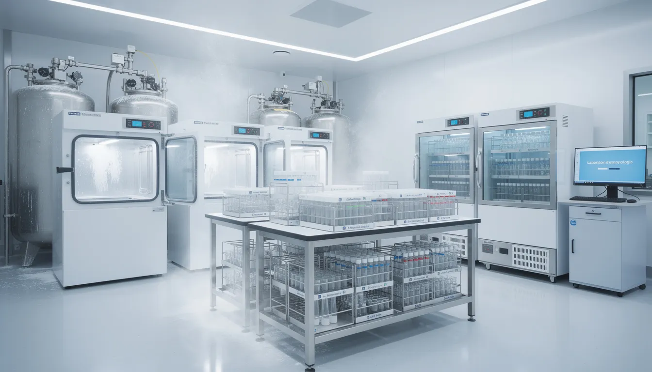 L'image montre un laboratoire d'embryologie moderne, équipé pour la cryoconservation, où des embryons sont préparés pour la vitrification. Ce cadre scientifique met en avant des techniques avancées de fécondation in vitro (FIV) et de congélation, essentielles pour optimiser le taux de réussite des transferts d'embryons congelés.