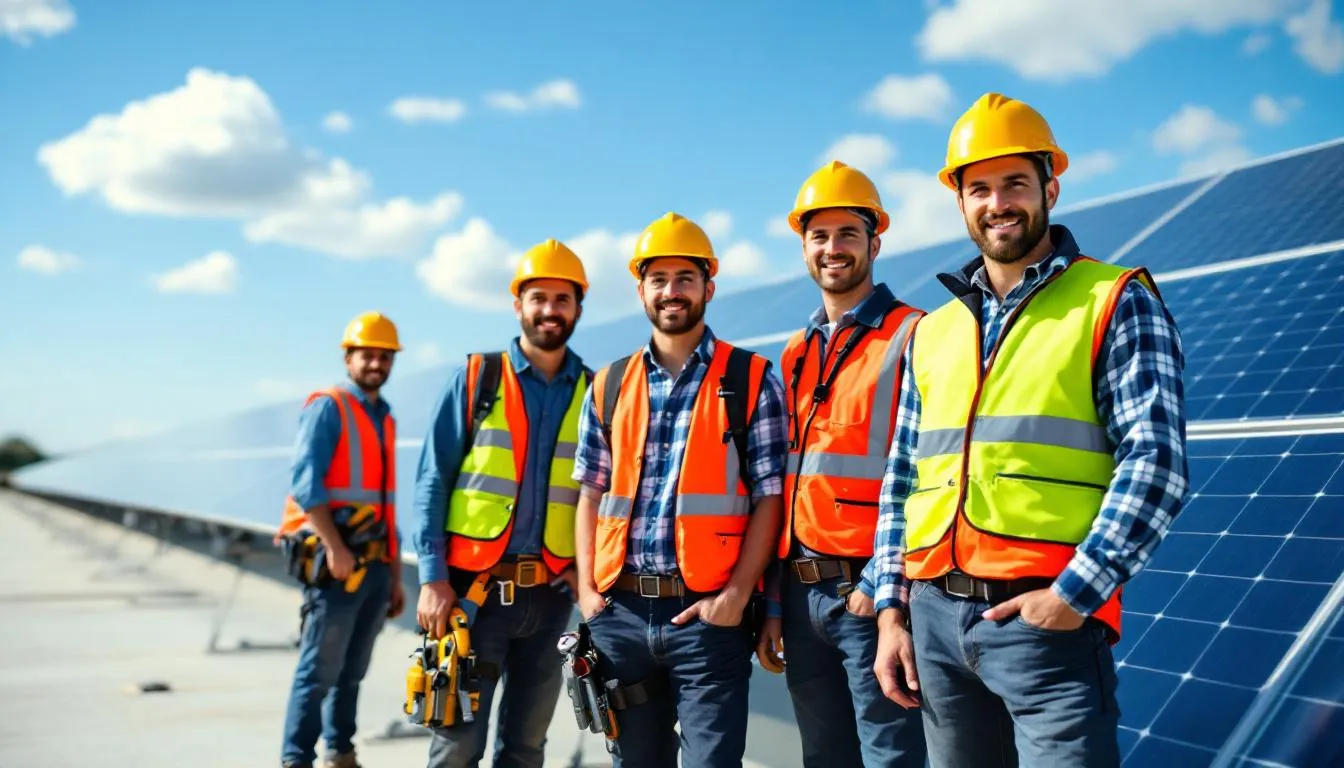 Une équipe de professionnels en énergie solaire se tient devant des panneaux solaires récemment installés, illustrant leur expertise dans le domaine de l'installation solaire à Laval. Ces spécialistes sont prêts à offrir des solutions clés en main pour répondre aux besoins énergétiques des maisons et des bâtiments.