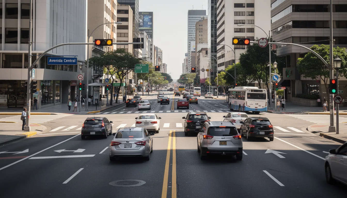 The image depicts a busy urban intersection with traffic lights and various vehicles navigating through the area, highlighting the potential for car accidents in Houston. This scene reflects the importance of hiring an abogado de accidentes de coche en Houston to assist victims after an accident.