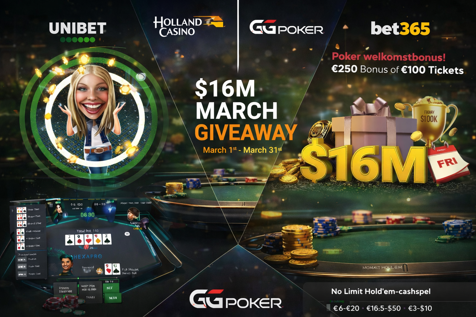Promotie voor GG Poker $16M March Giveaway, met pokerplatforms zoals Unibet, Holland Casino en bet365, inclusief poker welkomstbonus en online pokertoernooien.