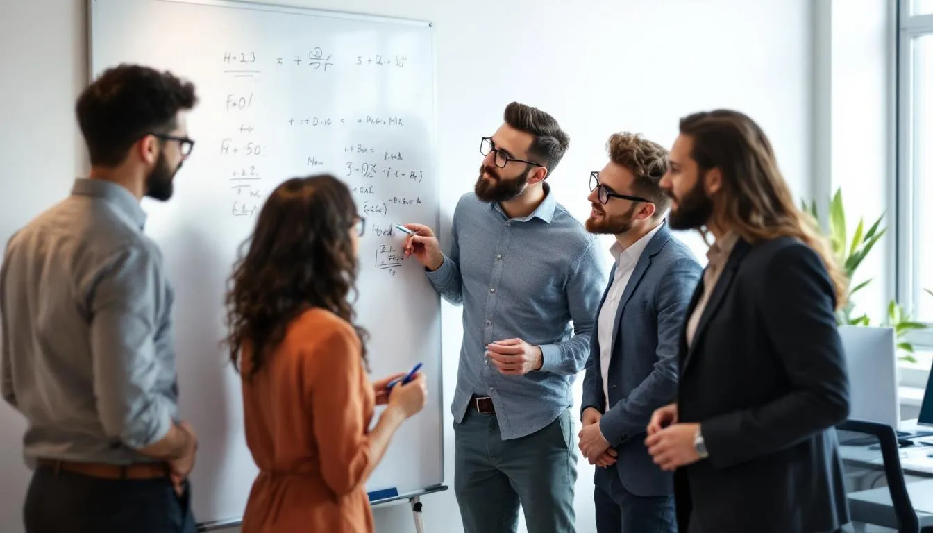 In der Abbildung sieht man ein Team von Kollegen, die gemeinsam vor einem Flipchart stehen und an einem Rätsel arbeiten. Die Gruppe zeigt Freude und Teamarbeit, während sie ihre Kommunikationsfähigkeiten einsetzen, um das Problem zu lösen.