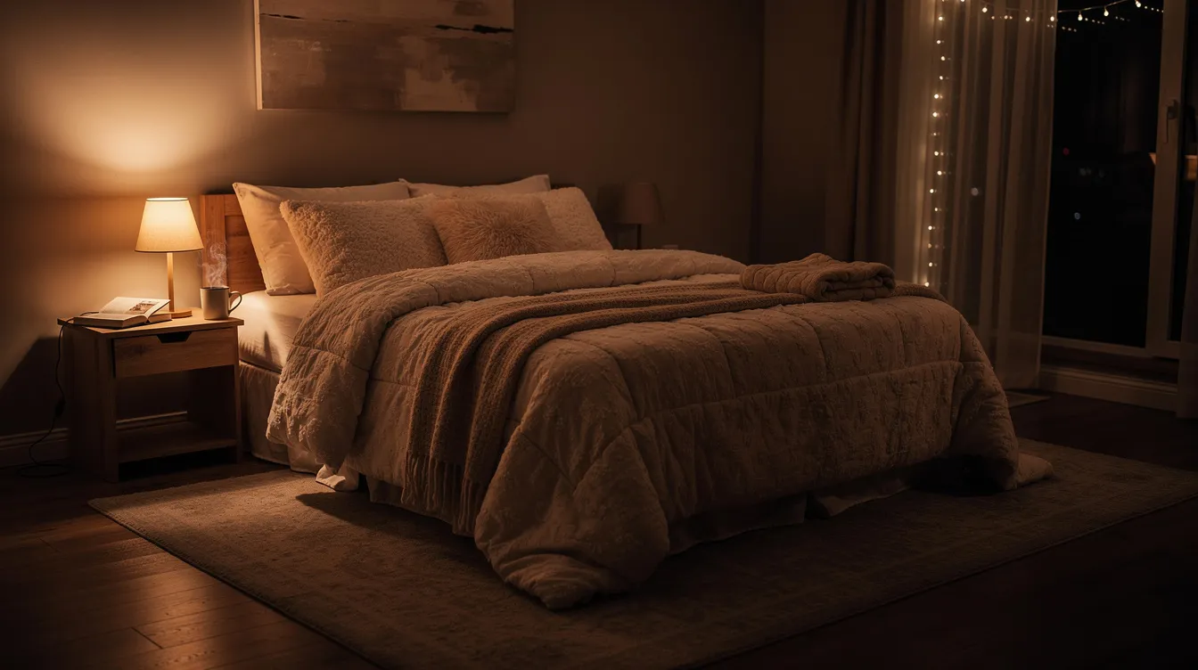 The image depicts a cozy bedroom bathed in dim, warm lighting, featuring a plush bed with soft, comfortable bedding, ideal for promoting quality sleep. This inviting space is perfect for achieving deep sleep and entering the REM stage, essential for restorative rest and overall physical and mental health.