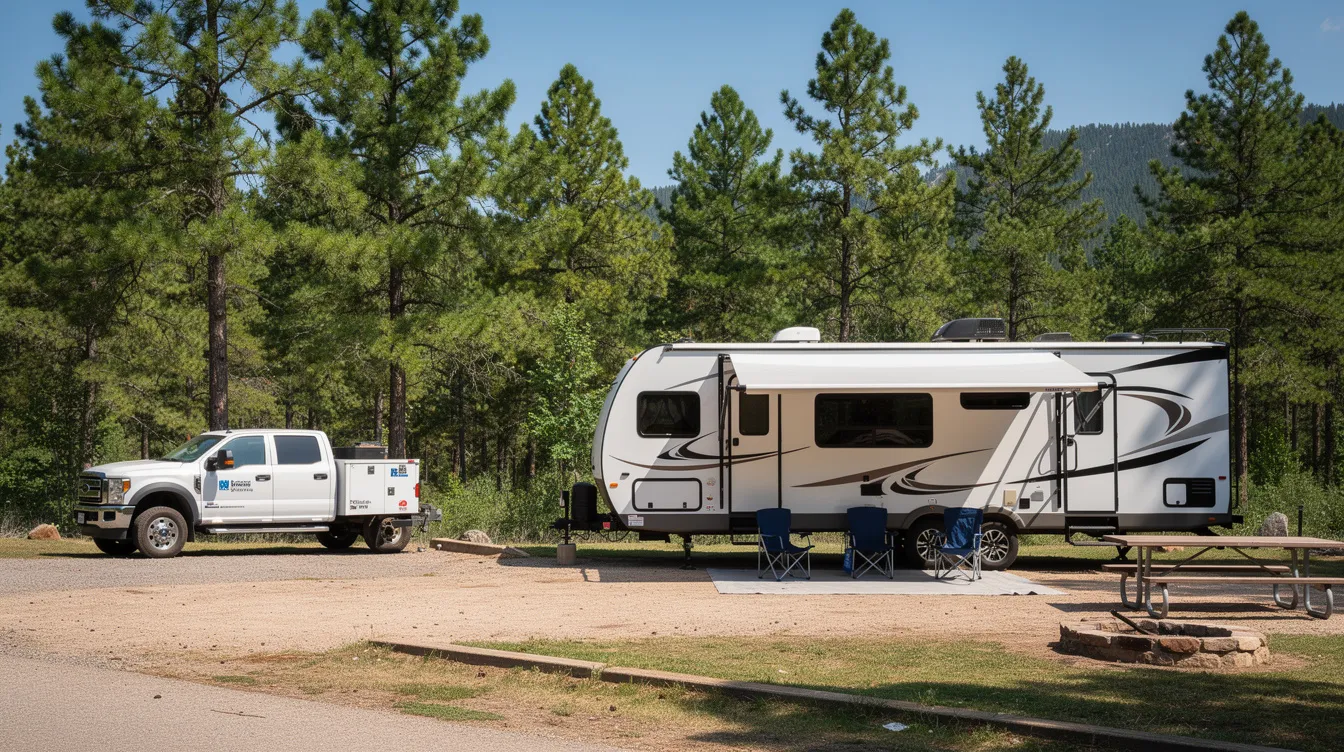A recreational vehicle is parked at a scenic campground surrounded by tall pine trees, with a service truck nearby, indicating the availability of mobile RV repair services for RV owners. The peaceful setting suggests a perfect spot for relaxation while ensuring that any RV issues can be efficiently addressed.