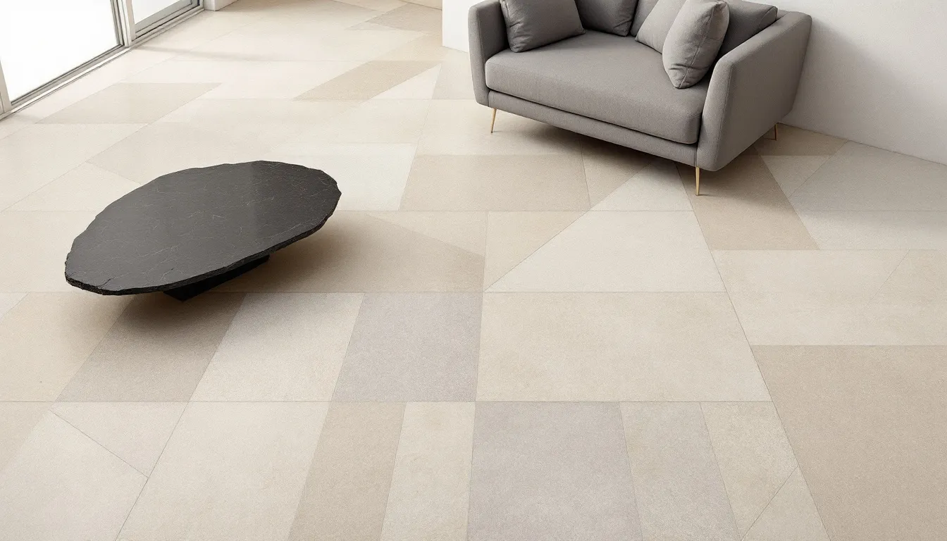Natural stone tiles in various shades and textures.
