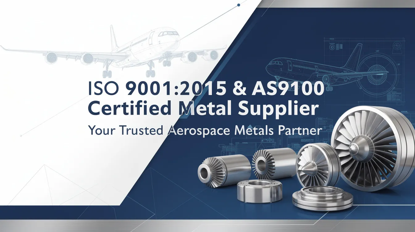 The image depicts a professional setting showcasing an ISO 9001:2015 and AS9100 certified metal supplier, emphasizing their role as a trusted partner in the aerospace industry. It highlights their commitment to quality management systems and adherence to stringent requirements for aerospace components, ensuring reliability and safety for industrial customers in the aerospace and defense sectors.