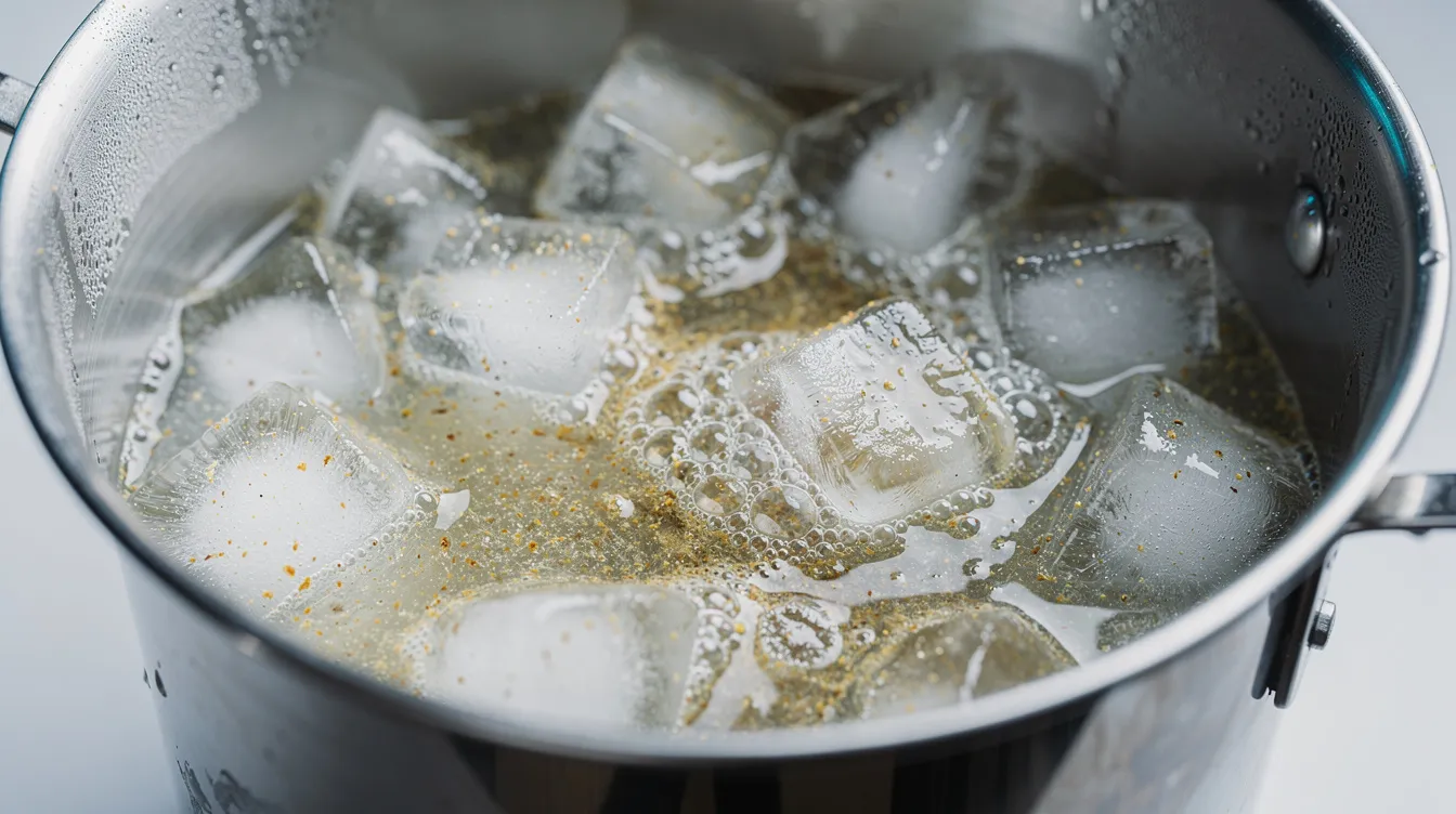 The image shows bubble hash being washed in ice water within a stainless steel vessel, surrounded by visible ice cubes and water, illustrating the extraction process of cannabis concentrates. This method enhances the purity and quality of the cannabis extract, which can be used in various products like live rosin gummies and other edibles.