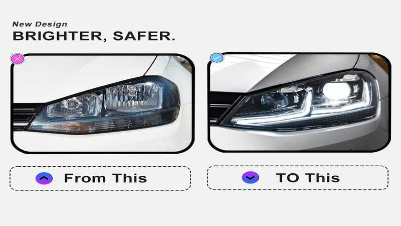 Side-by-side comparison of the old vs. upgraded headlights in VW MK7.5