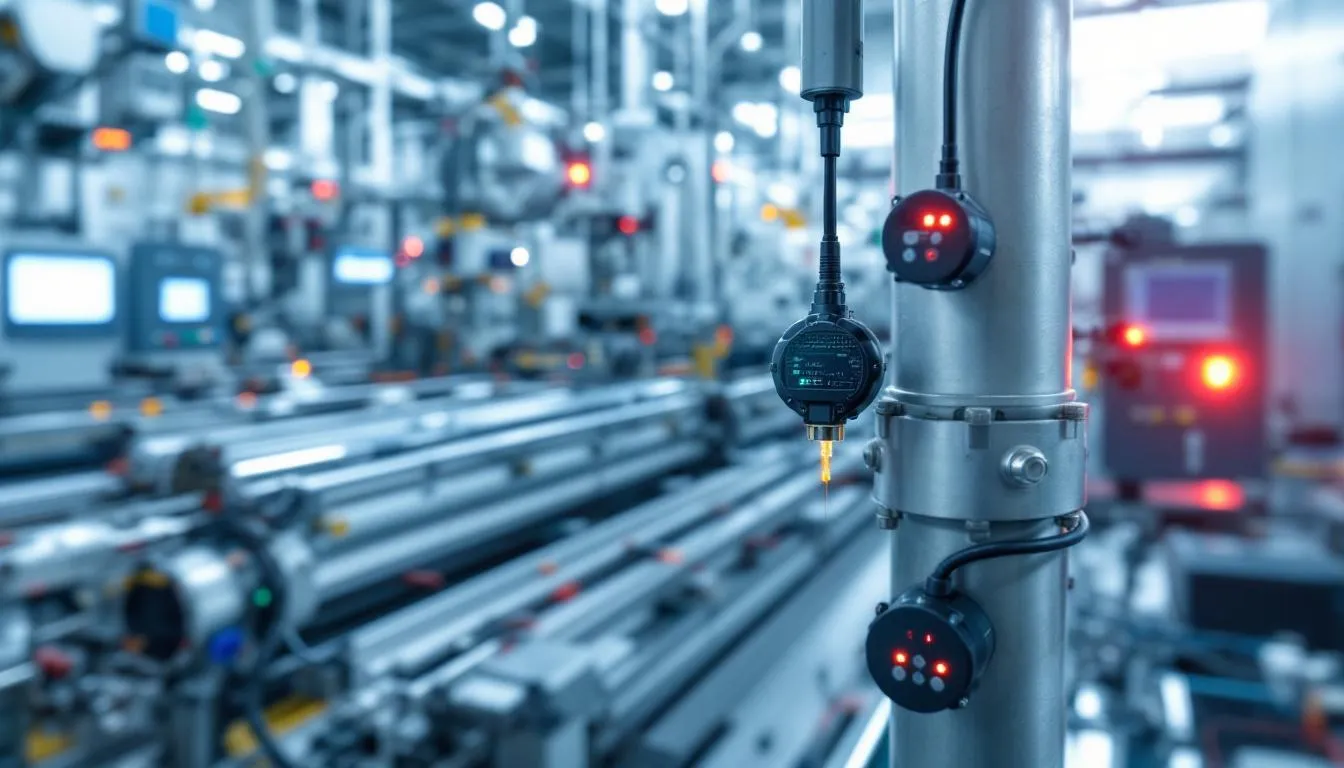 The image depicts various IoT sensors strategically placed within a manufacturing facility, highlighting their role in remote monitoring and predictive maintenance. These smart devices collect real-time data to enhance operational efficiency, improve manufacturing processes, and ensure quality control throughout the production cycle.