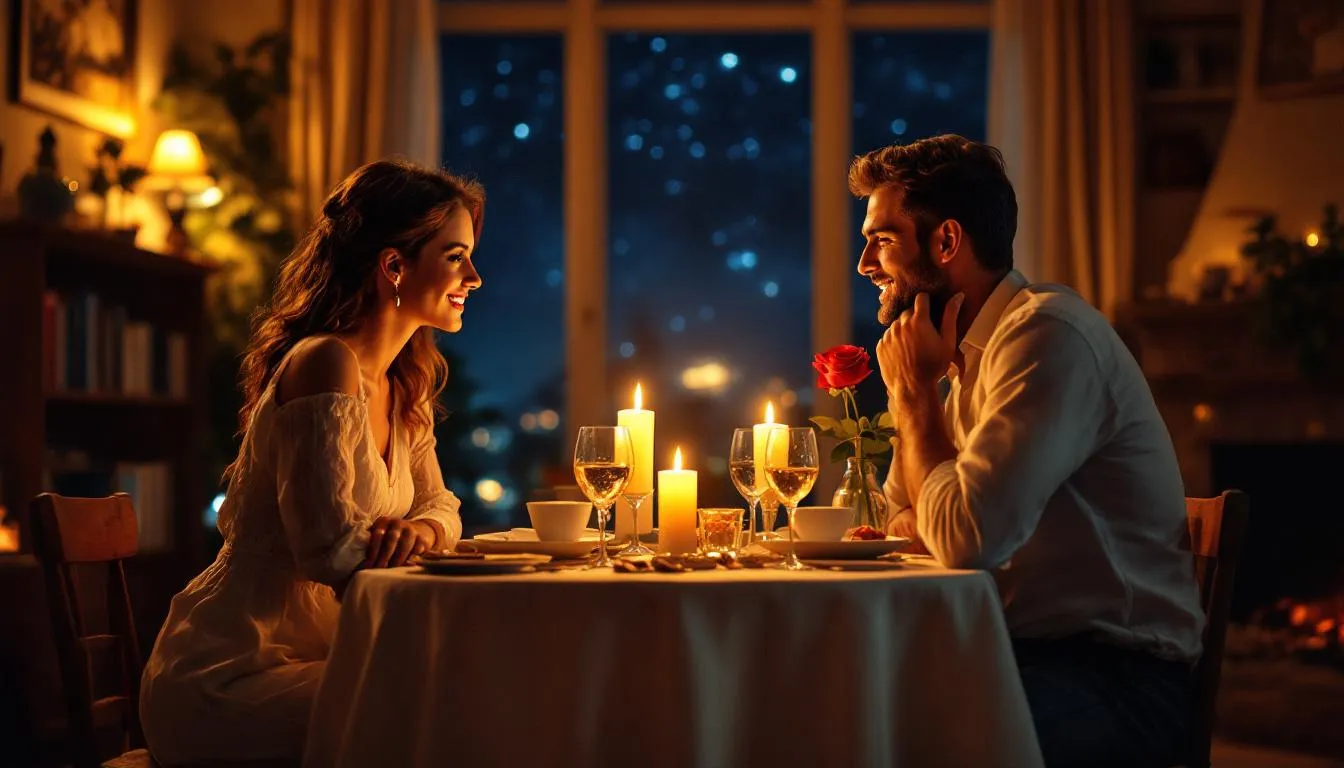 A romantic candlelit dinner at home, showcasing a perfect anniversary celebration.