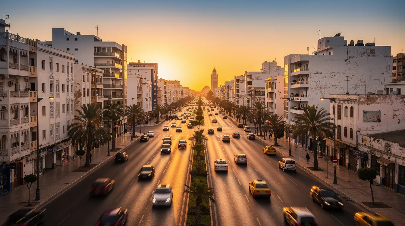 Imagen de un boulevard en Casablanca al atardecer, donde se pueden ver coches circulando en una amplia avenida. El ambiente es tranquilo y acogedor, ideal para viajeros que buscan disfrutar de la ciudad y sus comodidades.