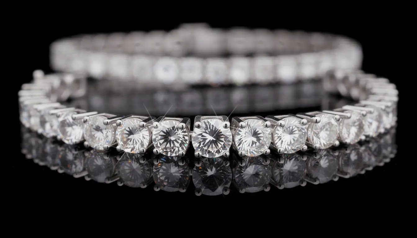 The image features a stunning silver cubic zirconia bracelet, designed in a classic tennis style, showcasing a series of round stones that sparkle brilliantly. This affordable piece mimics the look of fine jewelry, making it an ideal gift for women who appreciate the elegance of cubic zirconia without the high price tag of diamonds.