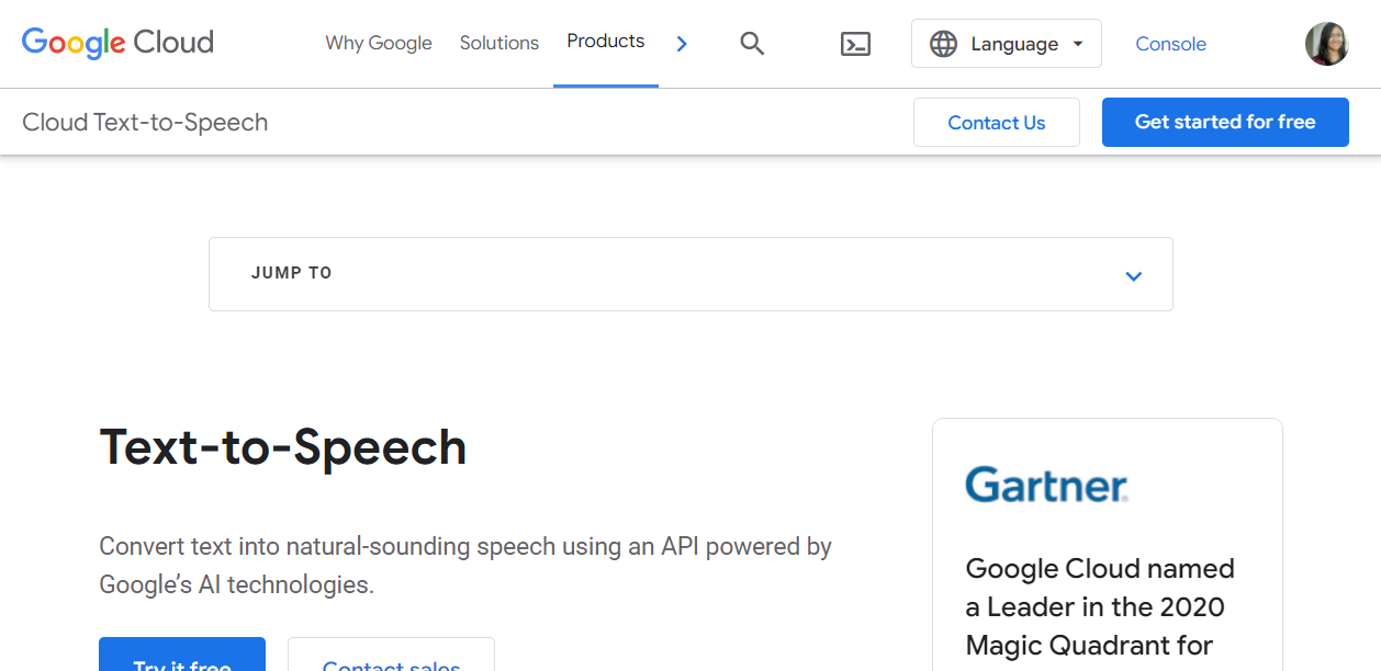 Google Cloud Text-To-Speech main page