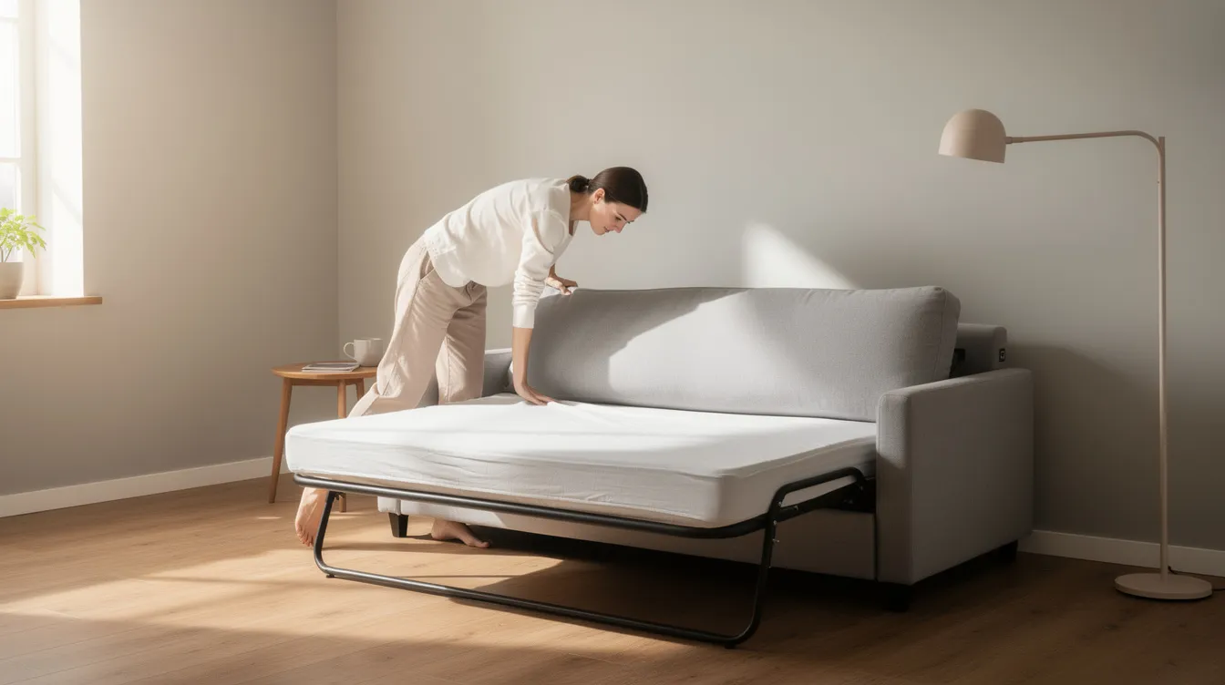 En person fäller ut en kompakt bäddsoffa till sängläge i ett litet och modernt rum, vilket visar hur enkelt det är att omvandla soffan till en sovplats. Bäddsoffan är designad för att passa i mindre utrymmen och erbjuder både komfort och funktionalitet för gäster.