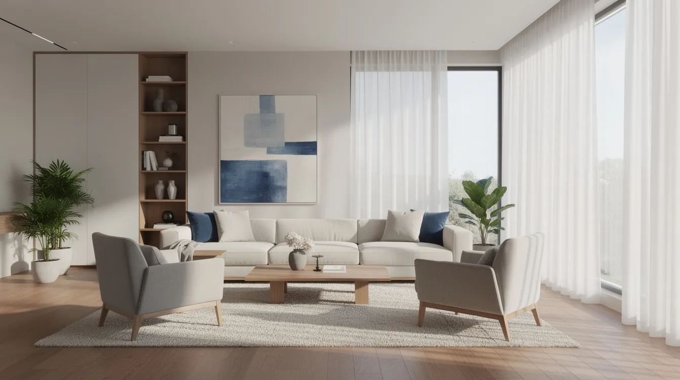 The image depicts an elegant open-plan living room featuring a harmonious palette of neutral tones, with natural light flooding in through large windows. Subtle blue accents in the artwork complement the dominant colors, creating a balanced and inviting space that showcases principles of color theory in interior design.