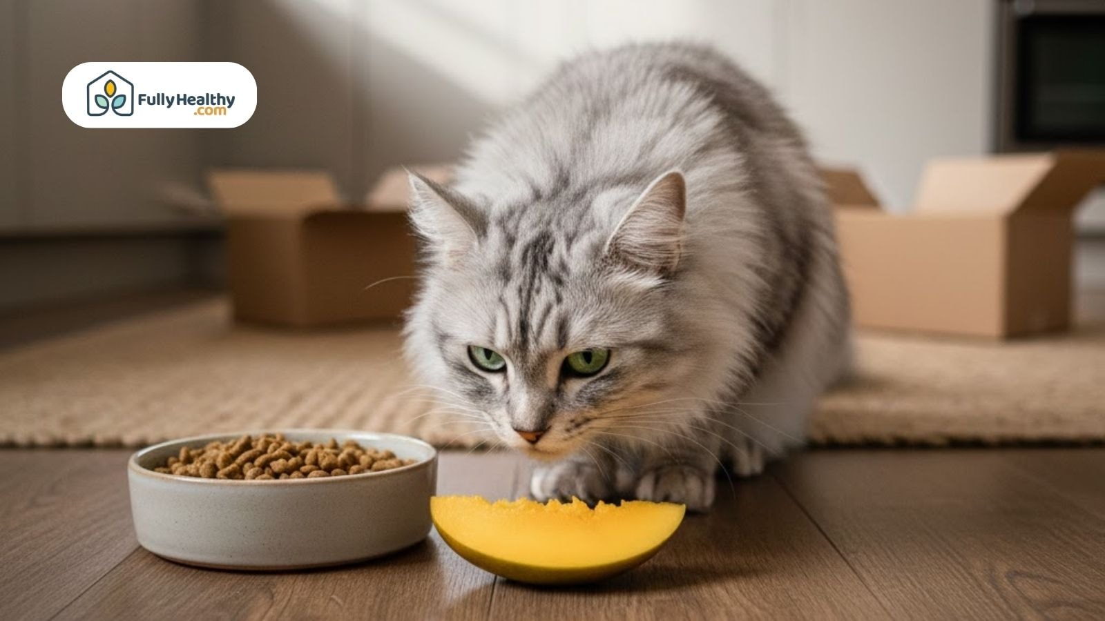 Gray cat sniffing a mango slice placed beside a bowl of dry cat food on a wooden floor.