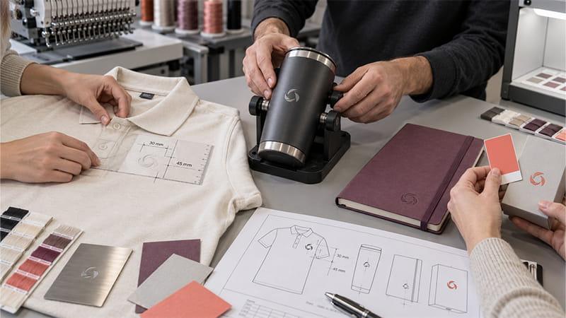 Production team checking logo size, placement, engraving alignment, and brand colors on promotional products