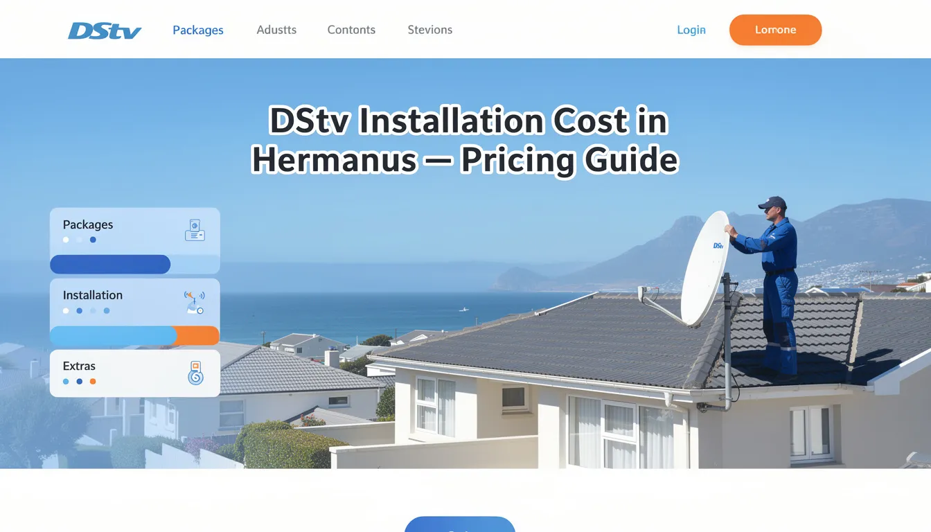 The image presents a detailed pricing guide for DStv installation services in Hermanus, highlighting various options for installation, including standard and extra view installations. It emphasizes the importance of using accredited DStv installers to ensure the best reception and signal quality for your DStv package.
