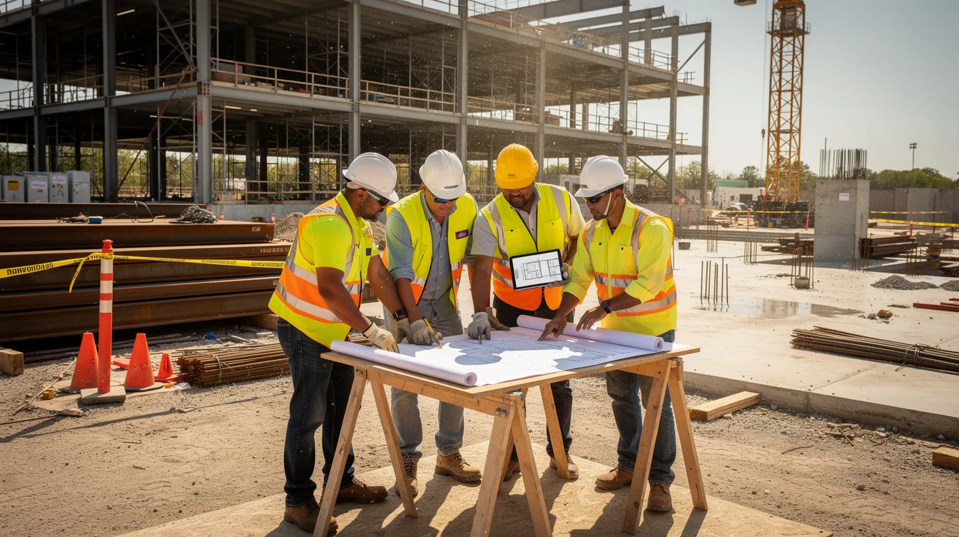 A group of construction workers, all wearing hard hats and safety vests, are collaborating on a commercial building job site, discussing plans and sharing tools. This scene highlights the importance of teamwork in the construction industry, where registered apprenticeship programs provide essential training and skills for new apprentices seeking to advance their careers.