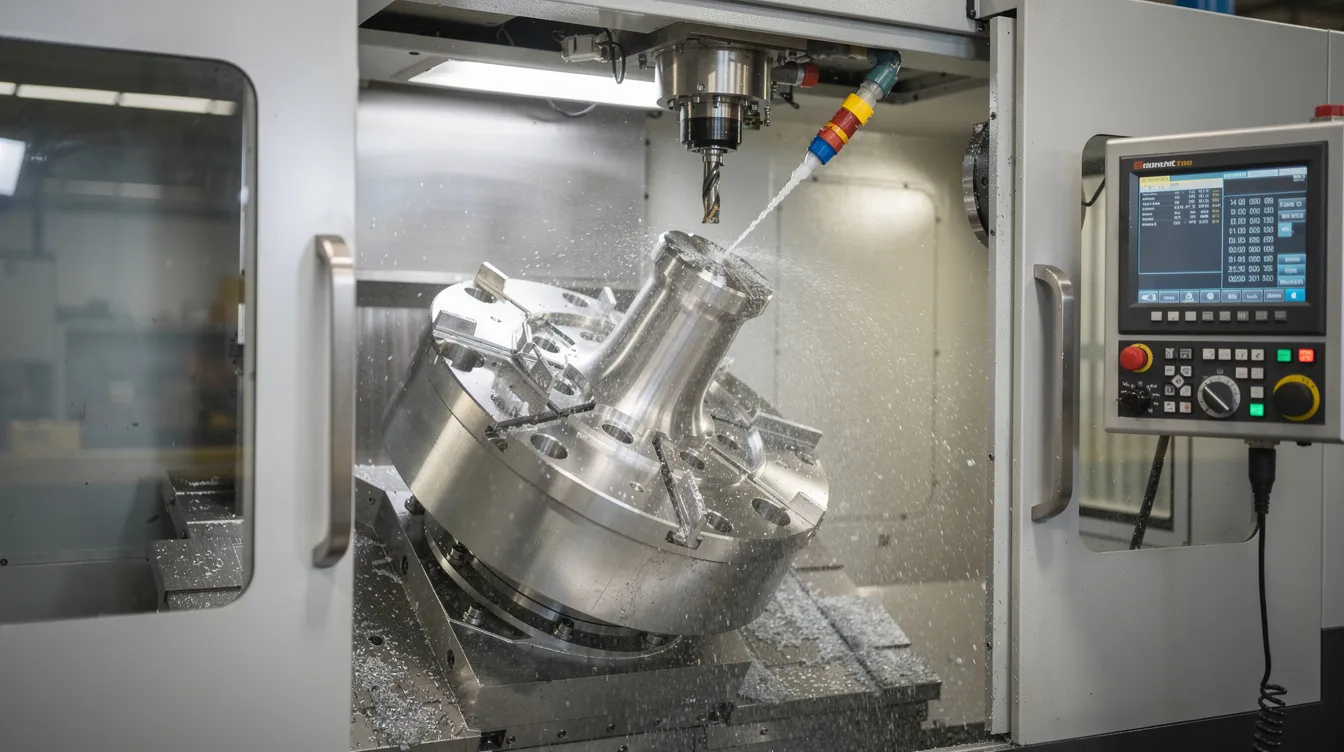 The image depicts a five-axis CNC machining center actively cutting a complex titanium component, with the rotary table tilted at an angle to facilitate precise tool movements. This advanced machining process showcases the capabilities of CNC equipment in modern manufacturing, emphasizing the intricate nature of computer numerical control programming and tool path optimization.