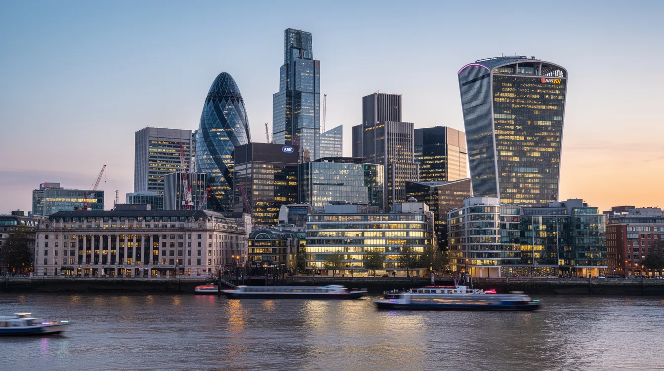 The image depicts the London financial district skyline, showcasing modern skyscrapers that rise majestically along the Thames River. This vibrant urban landscape symbolizes the heart of investment banking and wealth management, with institutions like HSBC and Barclays playing significant roles in the city's financial services.