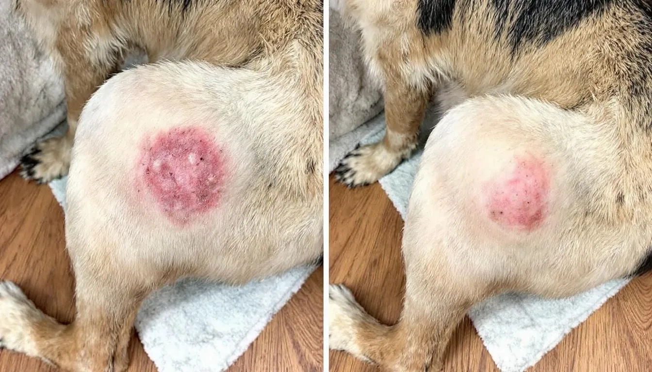 The image shows a before and after comparison of a dog