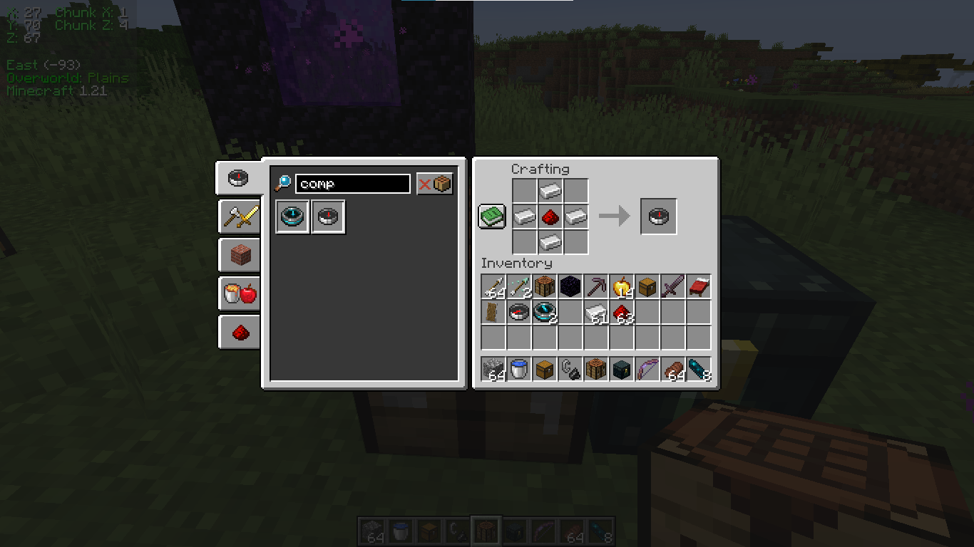 The crafting recipe of the regular compass.