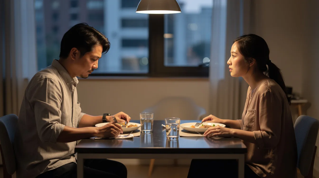 The image depicts an attractive Asian married couple sitting silently at a dinner table in a dimly lit apartment after an argument, showcasing emotional distance between them. Their expressions reflect the weight of unresolved feelings, hinting at the husband's anger and the strain it places on their relationship.