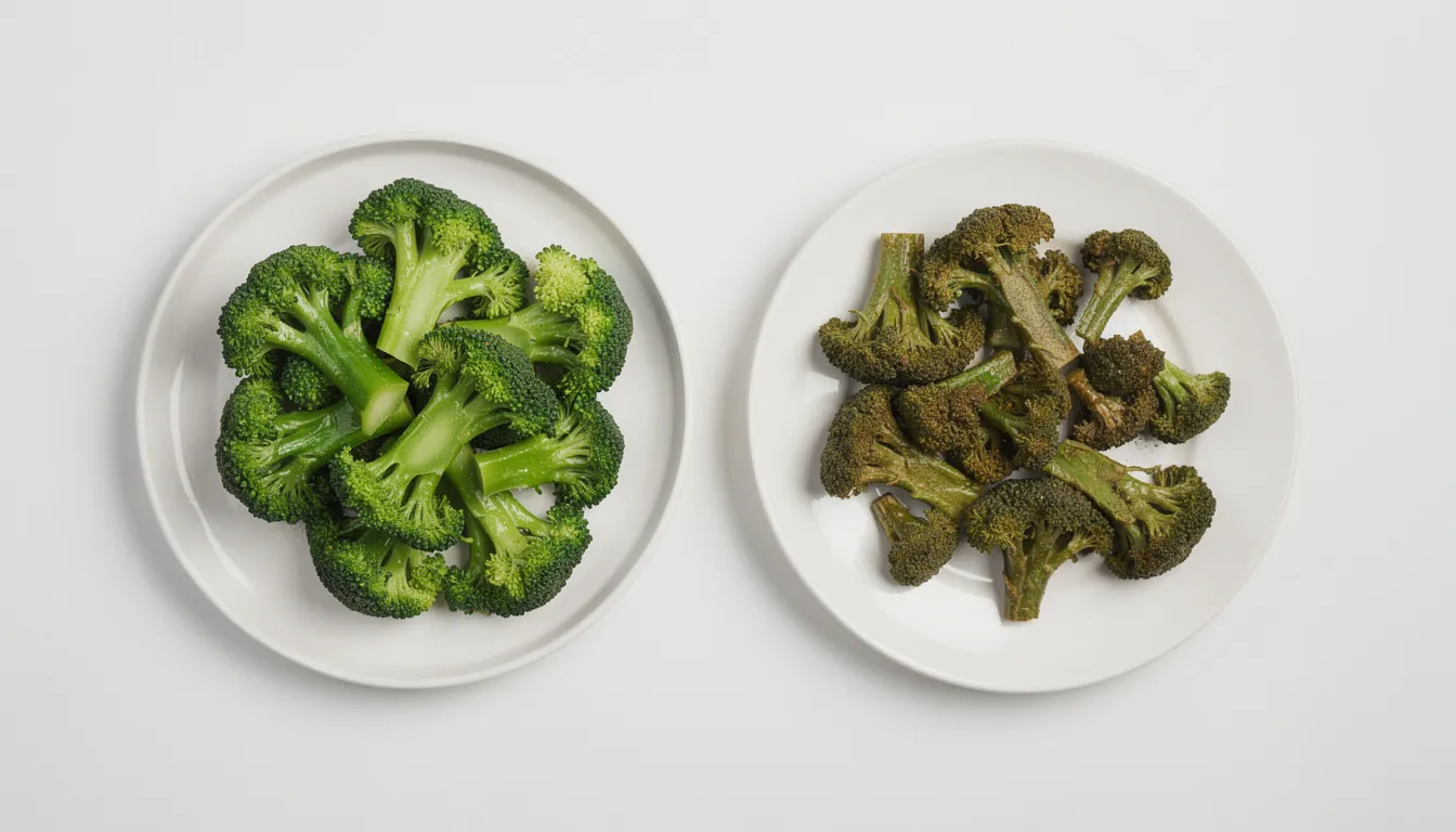 The image displays a side-by-side comparison of two plates of broccoli: one featuring vibrant, bright green lightly steamed broccoli, and the other showing dull, olive-colored overcooked broccoli. This visual contrast highlights the importance of choosing nutrient-rich foods, such as nmn rich foods, for enhancing overall health and cellular energy.