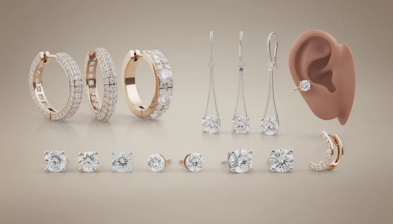 This image showcases a diverse collection of cubic zirconia earrings, featuring classic stud earrings, bold hoop designs, elegant drop earrings, and trendy huggie styles, all crafted from high-quality materials such as sterling silver and gold. The earrings are designed to suit various occasions and personal styles, with sparkling stones that add a touch of glamour.