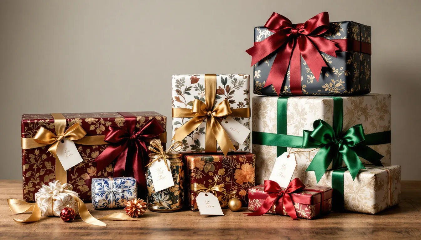 Een afbeelding van elegant verpakte geschenken, versierd met verschillende decoratieve elementen zoals linten en labels. Deze originele cadeaus zijn perfect voor elke gelegenheid en kunnen variëren van gepersonaliseerde items tot leuke cadeaus voor vrienden en familie.