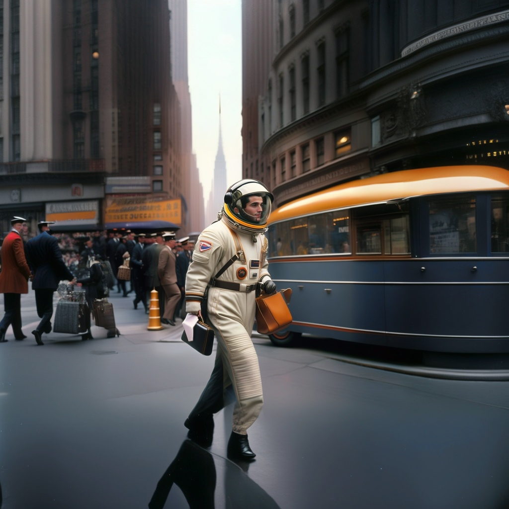 An astronaut walking around retro new york with a few bags, as a weird smooth tram whizzes by behind him, and the empire state building rises in the distance