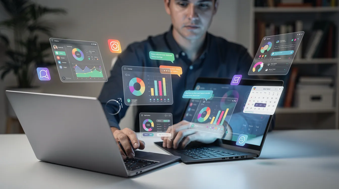 A person is sitting at a desk working on a laptop, surrounded by floating interface elements representing various app features, illustrating the process of app development using an AI-powered app builder. The scene highlights the integration of user-friendly tools for creating complex apps without requiring extensive coding knowledge.