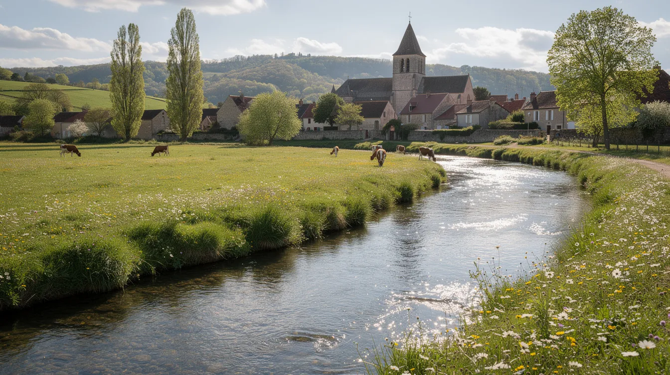 L'image montre un paysage rural typique de France, avec une rivière serpentant à travers de verdoyantes prairies, tandis qu'un charmant village se dessine à l'arrière-plan. Ce cadre idyllique évoque des projets de rénovation et d'aménagement, où les aides financières et les subventions peuvent soutenir les propriétaires dans leurs travaux.