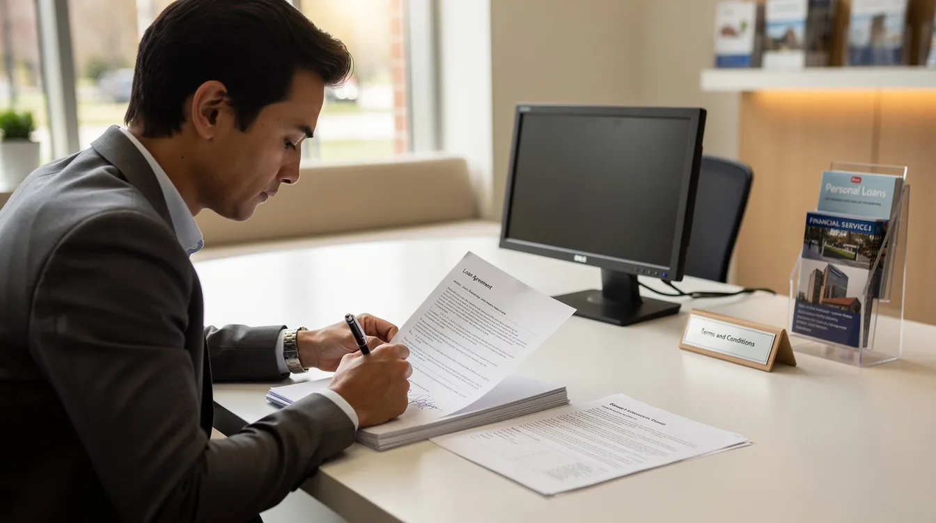 2210af92 05bf 4227 928f c2fa94bde9ec A person is seated at a bank branch desk, intently reviewing loan documents before signing, highlighting the importance of clear disclosure in financial services. This scene reflects the careful consideration that existing customers must take to avoid potential mis selling and to understand the financial products being offered.