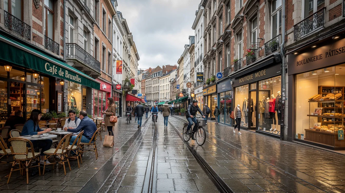 Une rue commerçante animée à Bruxelles, bordée de devantures de magasins et de cafés, où l'on peut ressentir l'effervescence de la vie urbaine. Cette scène vivante évoque l'importance d'une bonne présence en ligne pour les entreprises locales, notamment à travers la création de site internet et le développement de leur image de marque.