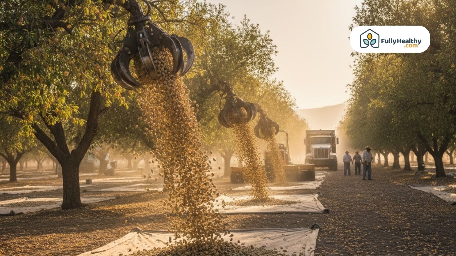 Mechanical harvesters shaking almonds from trees onto ground tarps
