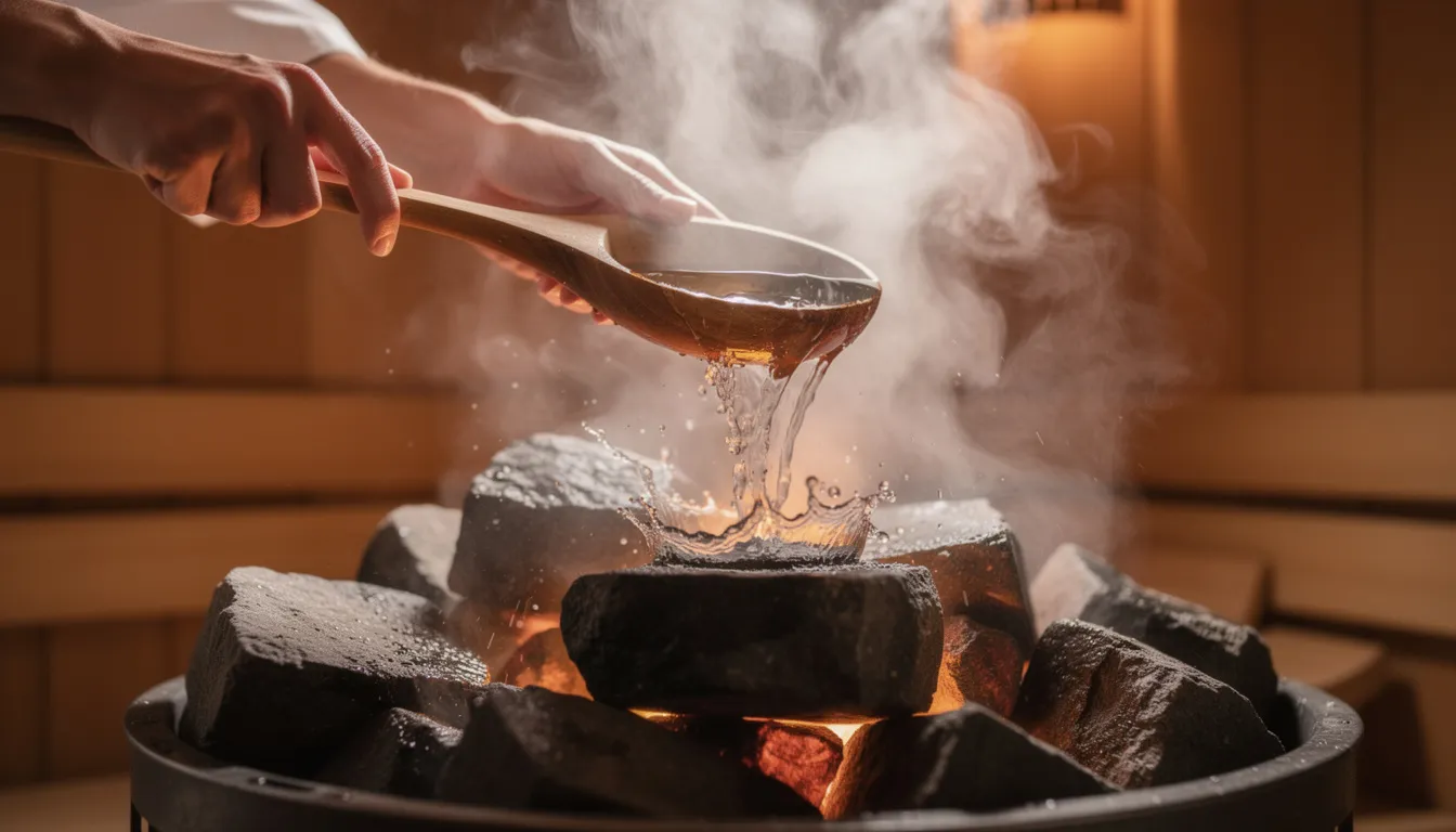 A pair of hands is gently pouring water from a bucket onto hot sauna stones, creating a cloud of steam that fills the air, promoting relaxation and enhancing the sauna experience. This moment encapsulates the essence of sauna culture, where the intense heat fosters quiet moments and deeper connections among friends and loved ones.
