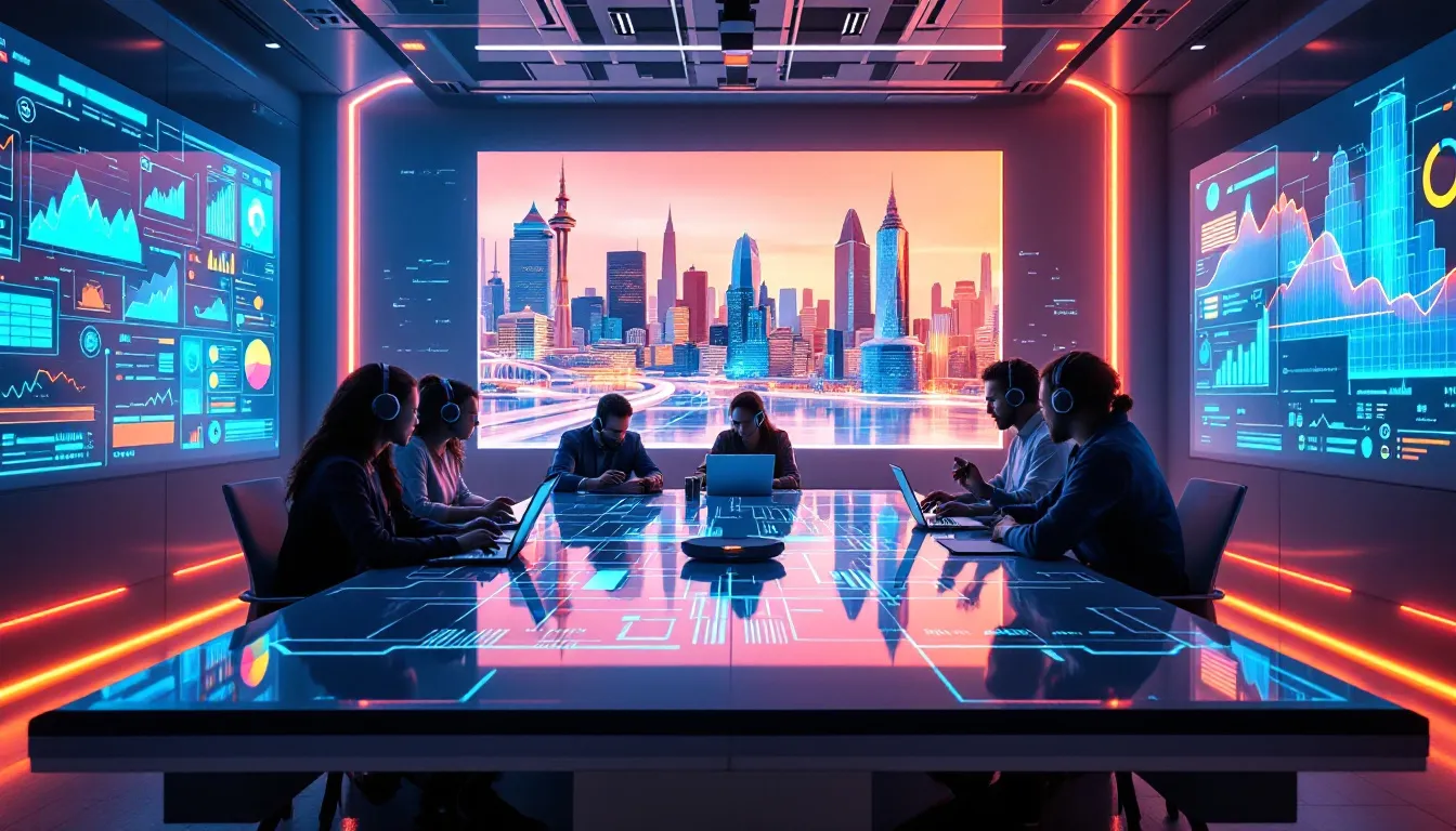 A team collaborating on a project with AI tools to boost productivity and job satisfaction.