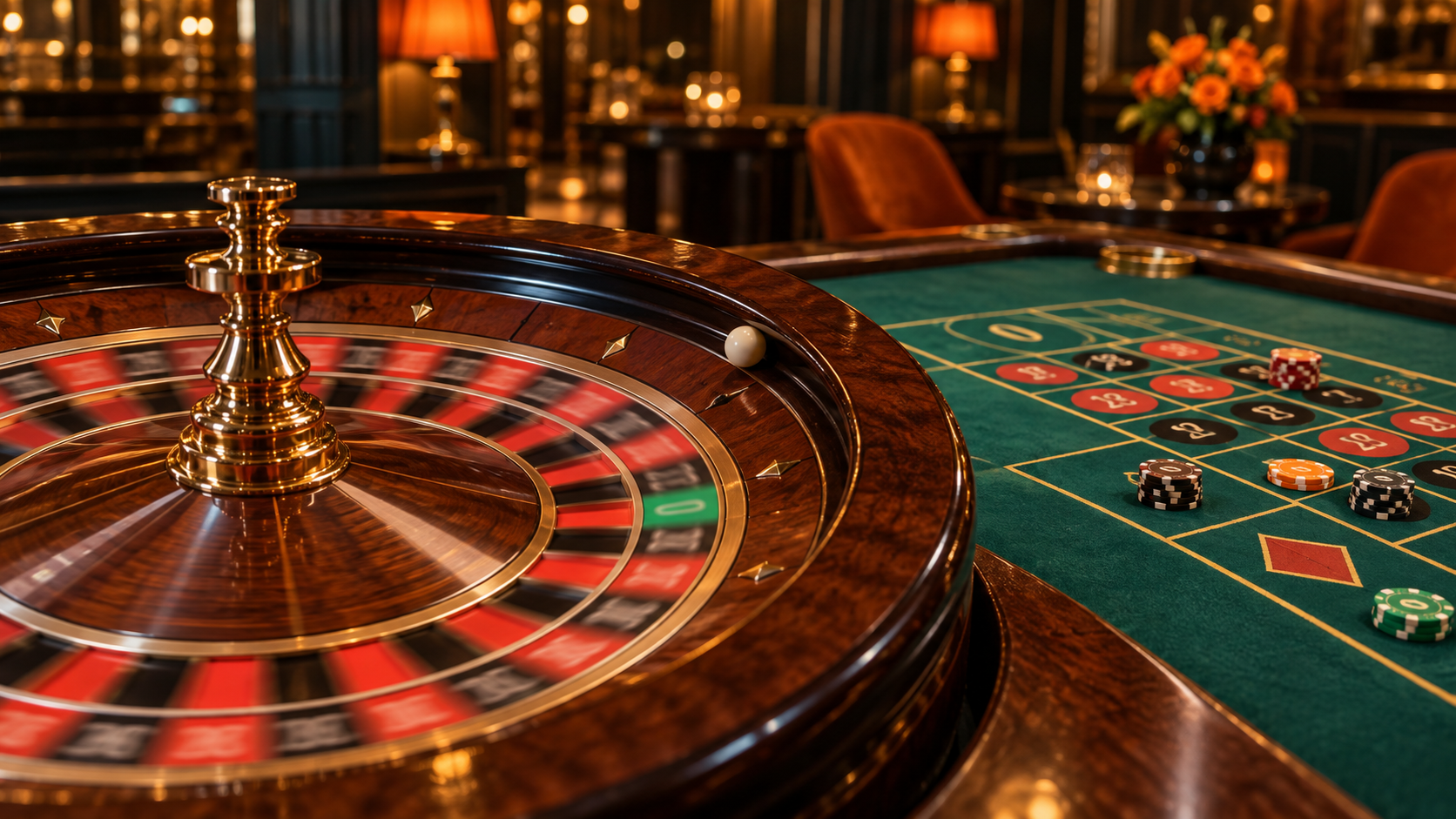 Roulettetafel met draaiend roulettewiel, inzetveld en casinofiches.