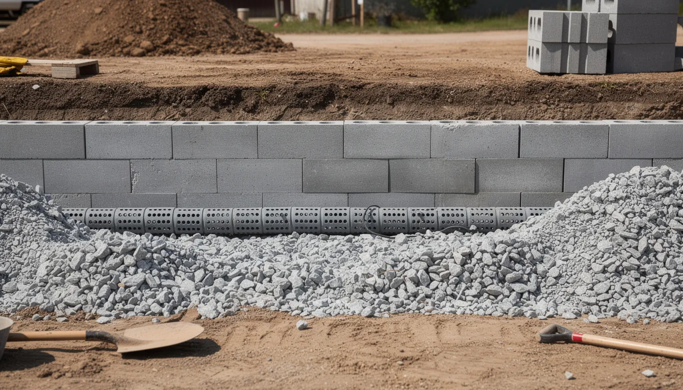 The image depicts a drainage installation behind a retaining wall under construction, featuring a perforated pipe and gravel, essential for proper drainage to prevent water buildup and ensure the wall's structural integrity. This retaining wall project highlights the importance of adhering to local building codes and safety regulations for effective water management and soil stability.