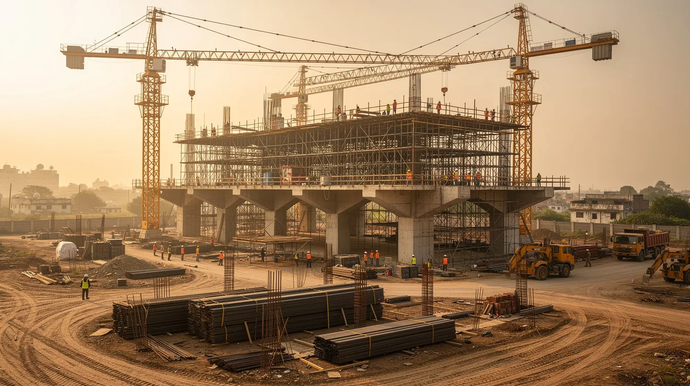 The image depicts an industrial ethanol production plant under construction in India, featuring cranes and a steel framework that showcases the infrastructure development for sustainable ethanol production. The scene captures the ongoing project that aims to reduce reliance on fossil fuels and enhance environmental sustainability.